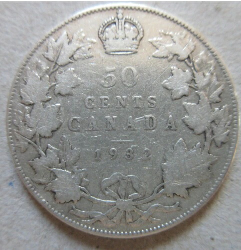 1932年カナダ銀貨ハーフドル硬貨。キーデイト50セント（RJ230）