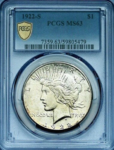 1922-S ピースシルバードル 1ドル ? PCGS MS63 ? サンフランシスコ造幣局 ? ブライトラスター｜WORLD RESOURCE【KING店】