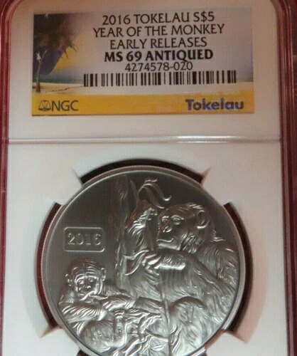 2016年 トケラウ 5シンガポールドル 申年 NGC PF69 MS69 アンティークマット 1オンス 999 シルバー