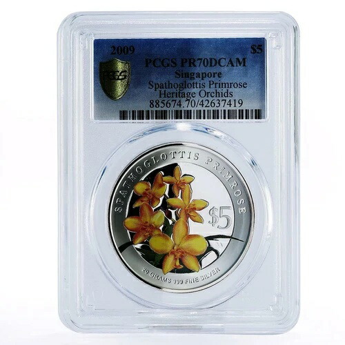 シンガポール 5ドル 花 スパトグロティス プリムローズ PR70 PCGS 銀貨 2009年