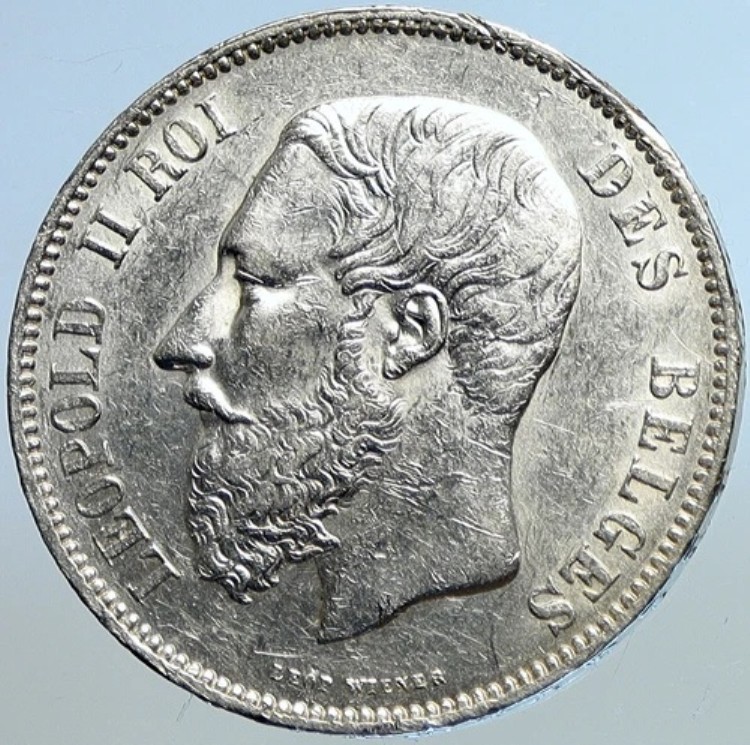 1874年ベルギー国王レオポルド2世とライオンの純銀5フラン硬貨 i113282