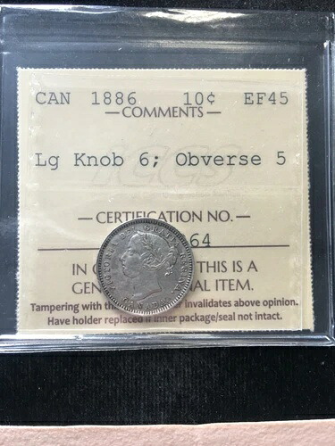 1886年 LgKn6 表面#5、ICCSグレードカナダ、10セント、**EF-45**