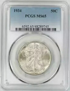 :1934-P 50C ウォーキング・リバティ・ジェム BU PCGS MS65 (FSTB) 希少ブラストホワイト高グレード