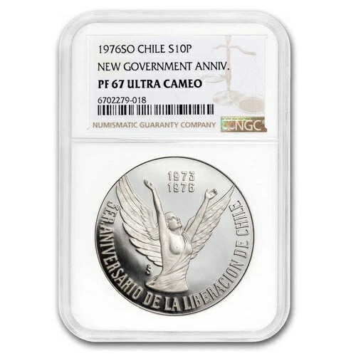 1976年頃 チリ 銀貨 10ペソ PF-67 ウルトラカメオ NGC