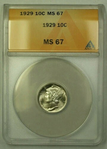 1929年 シルバー マーキュリー ダイム 10セント ANACS MS-67 (WW)