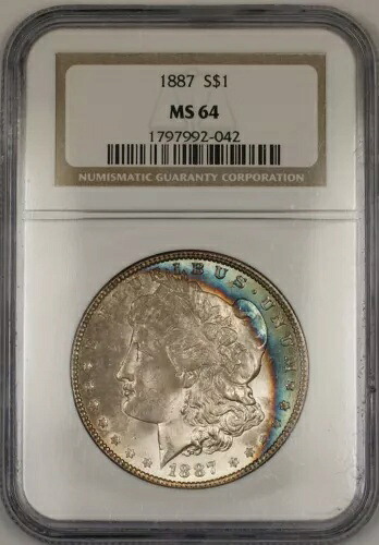 1887年 モルガン シルバー ダラー 1ドル コイン NGC MS-64 美しい色調の縁 (13セント)