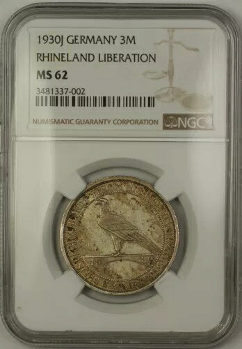 1930J ドイツ ラインラント解放 3M 3マルク銀貨 NGC MS-62