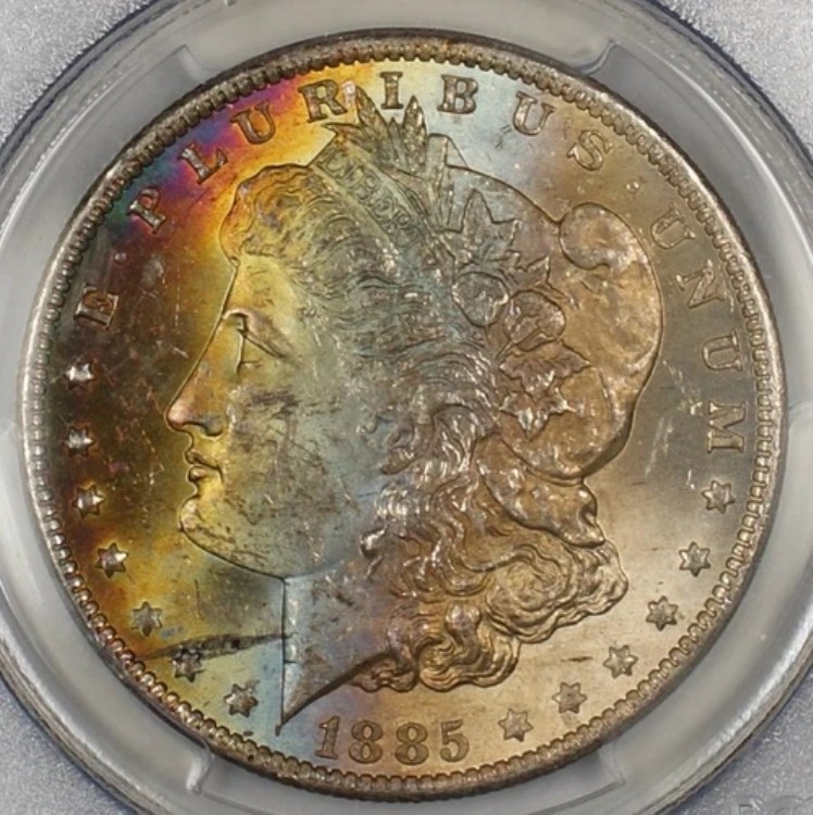 1885-O モルガン銀貨 1ドル硬貨 PCGS MS-63 美しい色調の表面（11セント）