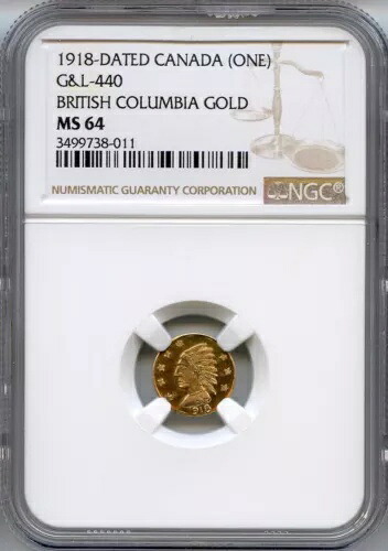 良品 インディアン HD 1918年 1ドル ブリティッシュコロンビア金貨トークン、グリーン-440 / NGC MS64 LR.7