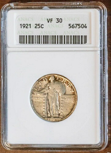 1921年 25セント銀製スタンディングリバティクォーターANACS VF 30 #567504 ホワイトスラブ+ボーナス