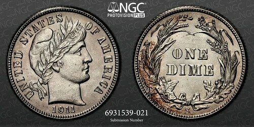 1911-S 10セント バーバー シルバー ダイム サンフランシスコ造幣局 NGC MS64 #6931539-021