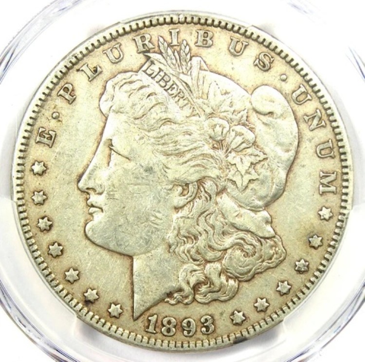 1893 年モーガン シルバー ダラー 1 ドル コイン - PCGS VF35 認定 - 希少な日付!
