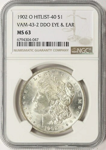 1902-O $1 ヒットリスト-40 モルガン・ダラー VAM-43-2 DDO アイ＆イヤー NGC MS63