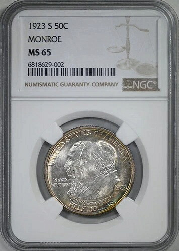 1923-S モンロー クラシック記念ハーフ ドル 50 セント NGC MS65 - トーン加工済み!