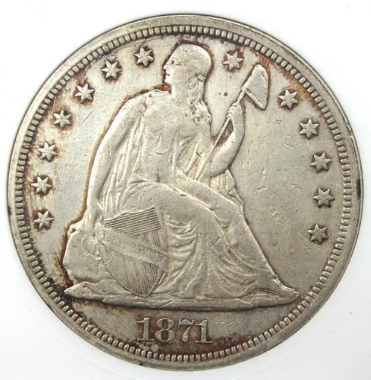 1871年 自由の女神像 1ドル銀貨。ANACS AU認定詳細 - 希少コイン