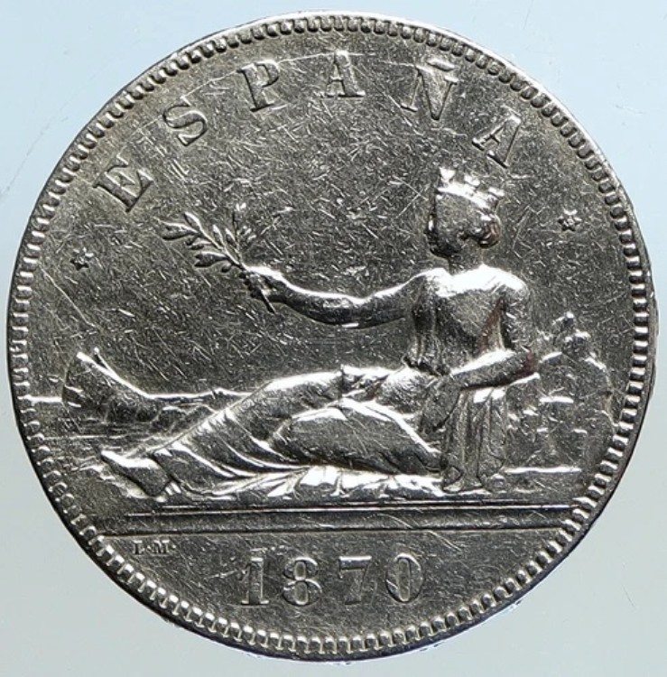 1870年 スペイン臨時政府 自由の女神 アンティーク 5ペセタ銀貨 i113337