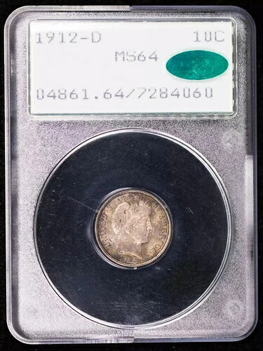 1912年 D ダイムズ バーバー リバティヘッド PCGS MS-64 OGH ラトラー CAC レインボートナー
