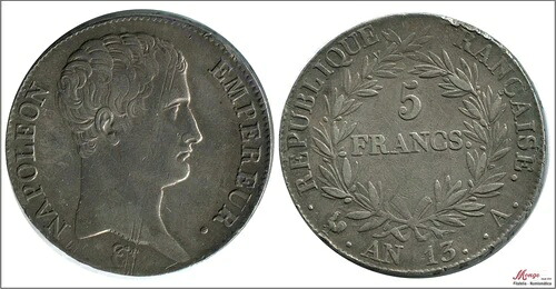 フランス 5フラン 13年 - 1804年 a-パリ/ナポレオン・ボナパルト/25 Gr. 銀貨 E|WORLD RESOURCE【KING店】
