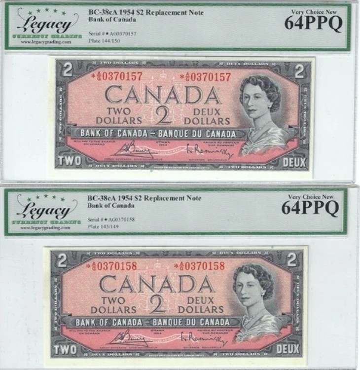 1954年 BOC $2 ノート BC-38cA、シリアル番号 *A/G 0370157/58 Boy/Ras LEGACY 64 PPQ Cons ペア｜WORLD RESOURCE【KING店】