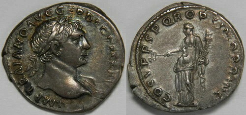 ローマ帝国 トラヤヌス AR デナリウス (ローマ、西暦 108-109 年)