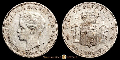 アルフォンソ 13 世 40 センタボス (9,91g) 1896 プエルトリコ AC-127 MBC+
