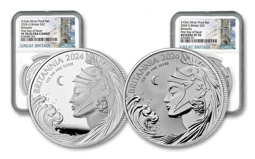 2024年 イギリス 2 x 1オンス シルバー ブリタニア プルーフ＆リバースプルーフ NGC FDOI