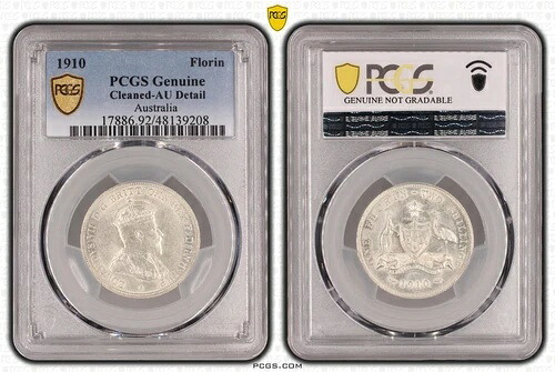 オーストラリア 1910年 キング・エドワード7世 フローリン銀貨 PCGS AU 詳細クリーニング済み #9208