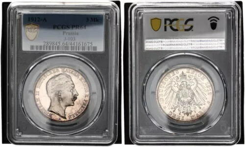 プロイセン 3 マーク 1912-A ヴィルヘルム2世 PCGS PR64 プルーフ 116165