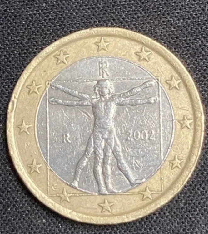 レオナルド・ダ・ヴィンチ 1ユーロ硬貨（表面に稀少な鋳造ミスあり！）2003年製ワイヤーラップ