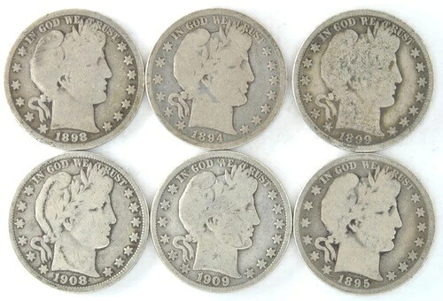 1894 95 98 99 1908 1909 O バーバー ハーフドル 米国 90% 銀 50 セント 6枚｜WORLD RESOURCE【KING店】 91,355円
