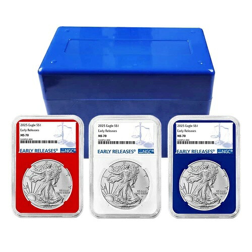 3 個セット - 2025 年 $1 1 オンス アメリカン シルバー イーグル NGC MS70 ER ブルー ラベル レッド ホワイト...