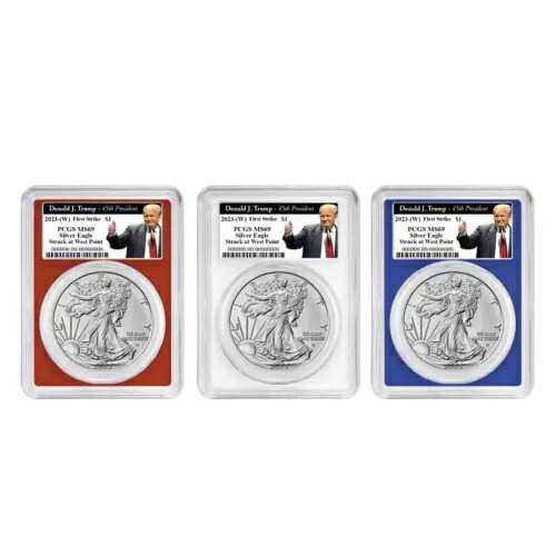 2023 (W) $1 アメリカン シルバー イーグル 3 枚セット PCGS MS69 FS トランプ 45 周年ラベル レッド W...