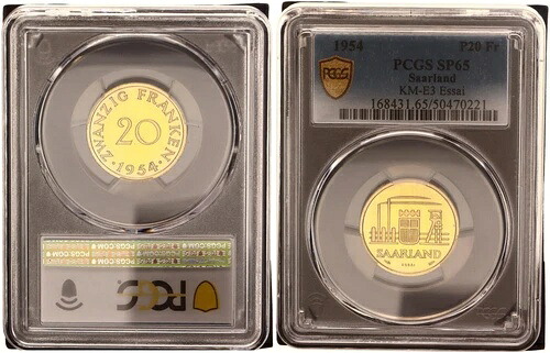 ザールラント 20 スイスフラン 1954年 プローブ・オア・エッサイ Pf プルーフ PCGS SP65 119975