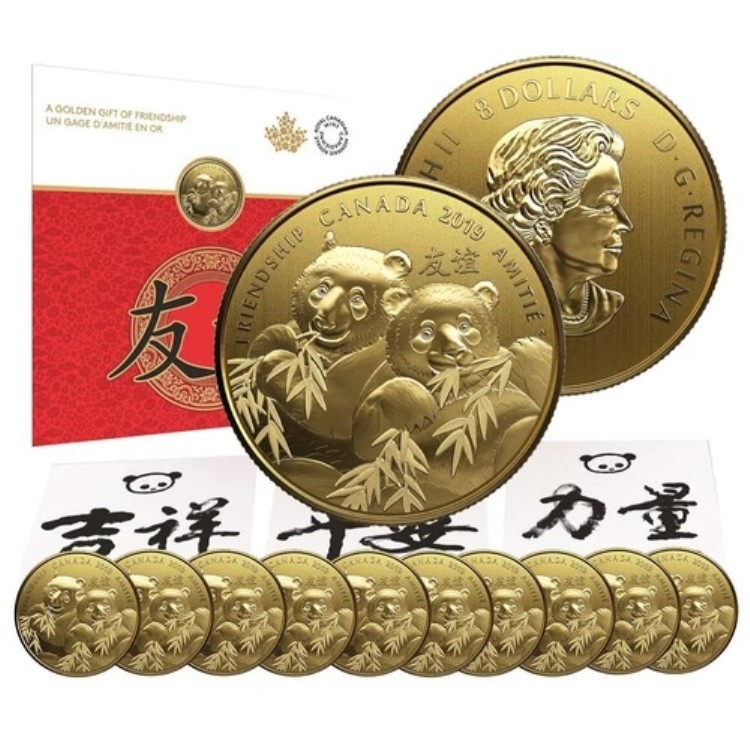 卸売ロット 10枚セット 2019年 8ドル パンダ：友情の黄金の贈り物 銀貨