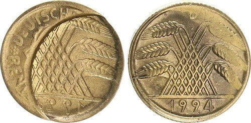 ワイマール、ラックコイン: 10 Pfennig 1924 D Wertseite 75% Incus Rare Xf-Bu|WORLD RESOURCE【KING店】