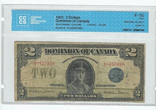 1923 DOC DC-26i、$2 カム/セル SN# S-457446、ブルーシール Gr 2、CCCS F-15