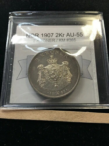 1907年ノルウェー、2クローネコインマートグレード**AU-55** KM#365