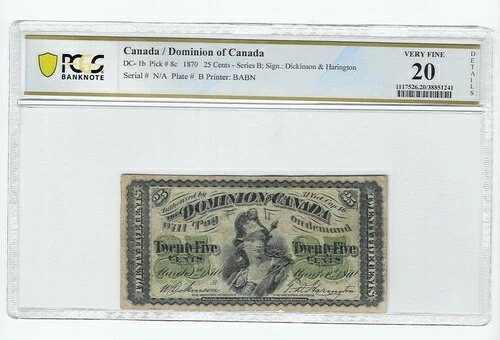1870年 カナダ自治領 25セント シンプラスター DC-1b PCGS VF-20 149,050円