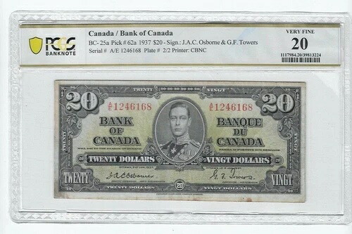 1937年 BOC BC-25a、$20 Osb/Tow SN A/E 1246168、PCGS VF-20、シミあり 149,050円
