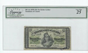 1870年 カナダ自治領 25セント シンプラスター DC-1c、無地、レガシー VF-25