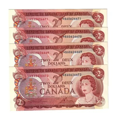 1974 カナダ $2、Lawson/Bouey BC-47aA、Ser# *BA 062669-72 交換品 (4 連) 149,050円