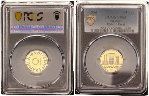ザールラント 10 スイスフラン 1954年 プローブ・オア・エッサイ Pf プルーフ PCGS SP65 119974