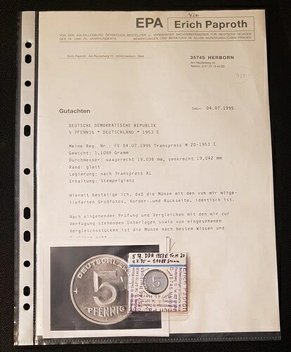 GDR 5 ペニヒ 1953 E ブリリアント アンサーキュレート - 鑑定書付き パプロート 90885 145,200円
