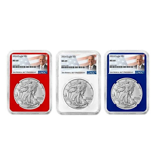 2024年 1ドル アメリカン シルバー イーグル 3点セット NGC MS69 バイデン ラベル レッド ホワイト ブルー｜WORLD RESOURCE【KING店】