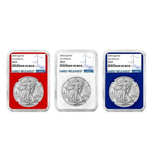 2024年 1ドル アメリカン シルバー イーグル 3点セット NGC MS69 ER ブルーラベル レッド ホワイト ブルー｜WORLD RESOURCE【KING店】