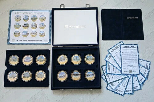 ウェストミンスター ロンドンの象徴的な金メッキ 50mm コイン/メダルコレクション (x12) COA 付き
