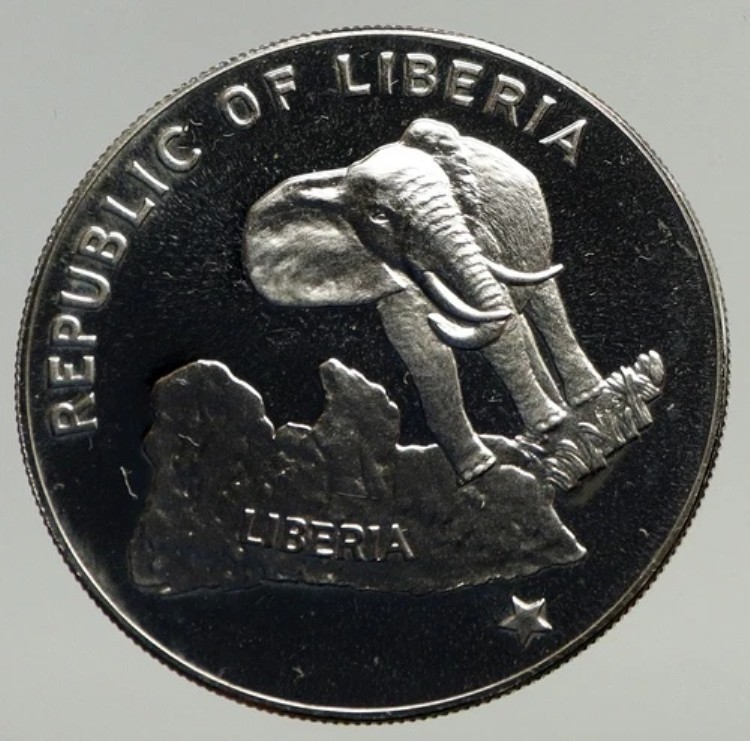1975年 リベリア州地図（象付き）オールドヴィンテージ プルーフ 5ドル銀貨 i93403｜WORLD RESOURCE【KING店】