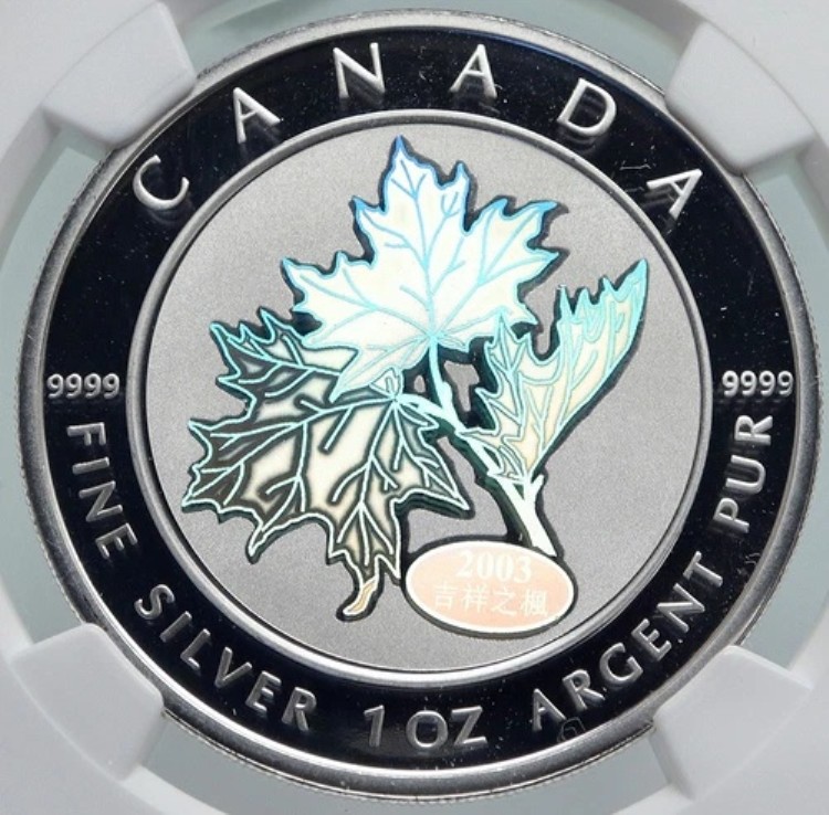 2003年 カナダ 英国 エリザベス2世 メープル ホログラム付き 5ドル銀貨 標本 NGC i85973|WORLD RESOURCE【KING店】