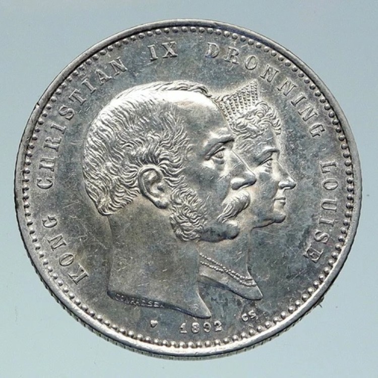 1892年 デンマーク国王 クリスチャン9世 ルイーズ 金婚式 銀貨 2クローネ i86506|WORLD RESOURCE【KING店】