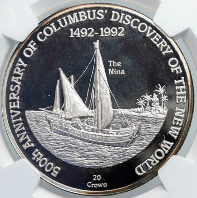 1991年 タークス・カイコス諸島 ニーナ号 探検船 オールドシルバー 20クラウンコイン NGC i89095｜WORLD RESOURCE【KING店】 245,850円